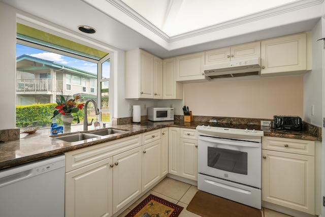 4141 Lei O Papa Rd Unit 50, Princeville, HI 96722 - kitchen featuring white appliances, a sink, under cabinet range hood, light tile patterned floors, and dark stone countertops