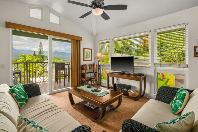 4141 Lei O Papa Rd Unit 50, Princeville, HI 96722 - living room featuring lofted ceiling, a ceiling fan, and carpet floors
