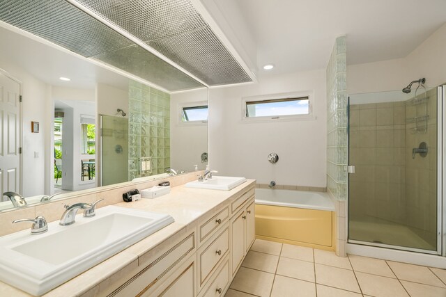 4141 Lei O Papa Rd Unit 50, Princeville, HI 96722 - bathroom with a stall shower, a bath, double vanity, tile patterned floors, and recessed lighting