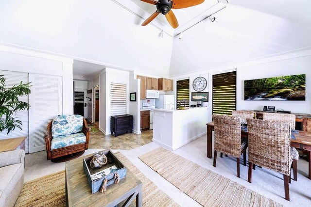 2253 Poipu Rd Unit 154, Koloa, HI 96756 - living room featuring a ceiling fan, track lighting, and high vaulted ceiling