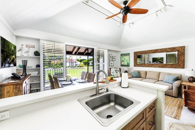 2253 Poipu Rd Unit 154, Koloa, HI 96756 - kitchen featuring a sink, vaulted ceiling, track lighting, a ceiling fan, and open floor plan