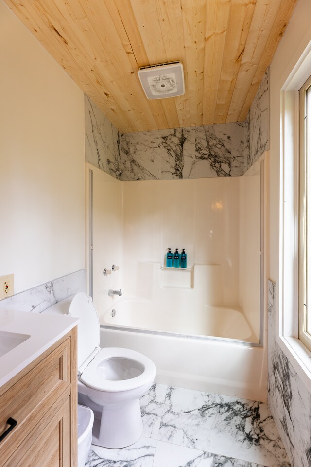 11-3828 2nd St, Volcano, HI 96785 - full bathroom with marble finish flooring, wooden ceiling, toilet, bathtub / shower combination, and vanity