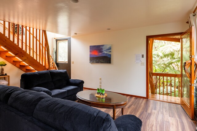 11-3828 2nd St, Volcano, HI 96785 - living room featuring baseboards, stairway, and wood finished floors