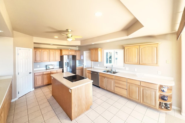 76-149 Kamehamalu St, Kailua-Kona, HI 96740 - kitchen with appliances with stainless steel finishes, light brown cabinets, a sink, a kitchen island, and recessed lighting