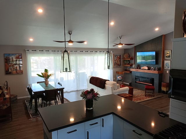 94-1770 Kaulua St, Naalehu, HI 96772 - kitchen with a ceiling fan, dark wood-type flooring, dark countertops, open floor plan, and lofted ceiling