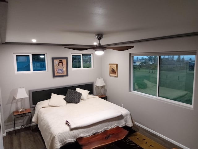 94-1770 Kaulua St, Naalehu, HI 96772 - bedroom featuring baseboards, dark wood-style floors, recessed lighting, and ceiling fan