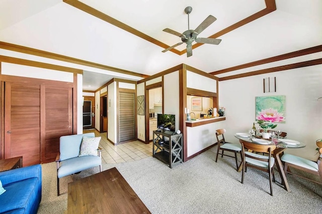 2253 Poipu Rd Unit 156, Koloa, HI 96756 - living area with lofted ceiling, ceiling fan, and light carpet