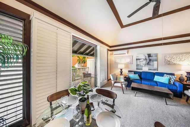 2253 Poipu Rd Unit 156, Koloa, HI 96756 - carpeted living room featuring vaulted ceiling, a wall mounted air conditioner, and a ceiling fan