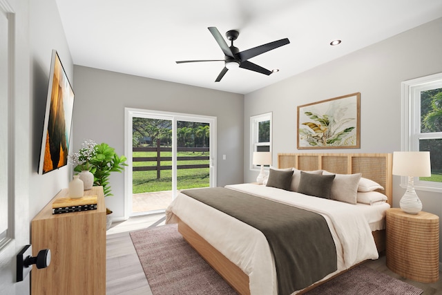 850 Kamalu Rd, Kapaa, HI 96746 - bedroom with access to exterior, recessed lighting, ceiling fan, and light wood-style flooring