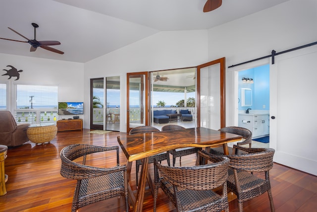 83-1008 Kahula Pl, Captain Cook, HI 96704 - dining space featuring ceiling fan, lofted ceiling, wood finished floors, and a barn door
