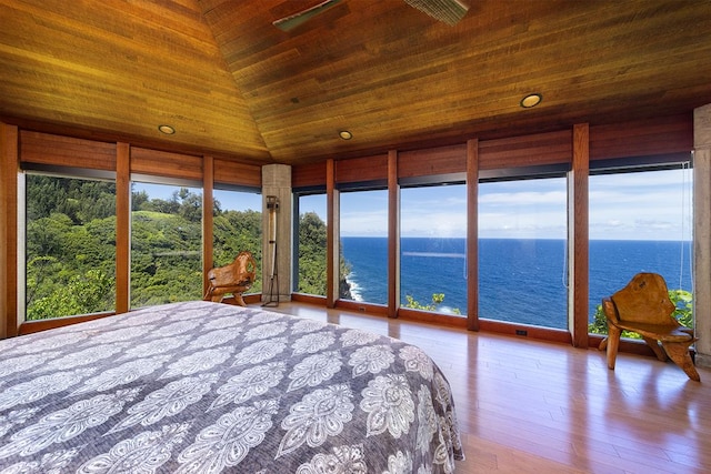36-2850 Hawaii Belt Rd, Ookala, HI 96774 - bedroom featuring a water view, vaulted ceiling, wood ceiling, and wood finished floors