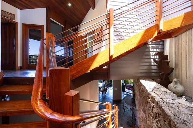 36-2850 Hawaii Belt Rd, Ookala, HI 96774 - stairs featuring lofted ceiling, recessed lighting, wood ceiling, and wood finished floors