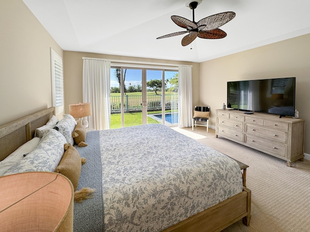 78-122 Holuakai St, Kailua-Kona, HI 96740 - bedroom with access to exterior, light colored carpet, a ceiling fan, and baseboards