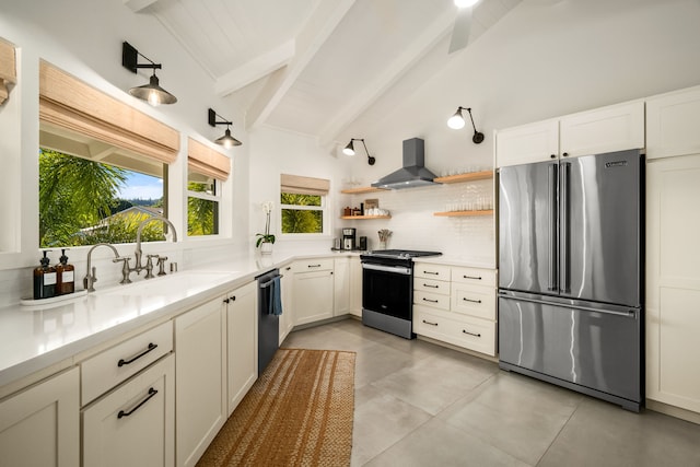 5108 Opelu St, Hanalei, HI 96714 - kitchen with appliances with stainless steel finishes, ventilation hood, a sink, decorative backsplash, and open shelves