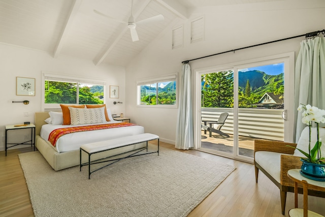5108 Opelu St, Hanalei, HI 96714 - bedroom with access to exterior, beam ceiling, light wood finished floors, a ceiling fan, and a mountain view