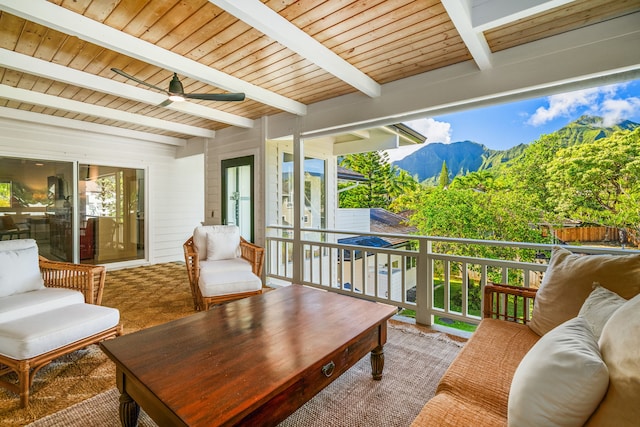 5108 Opelu St, Hanalei, HI 96714 - living room with a mountain view, wooden ceiling with exposed beams, and a ceiling fan