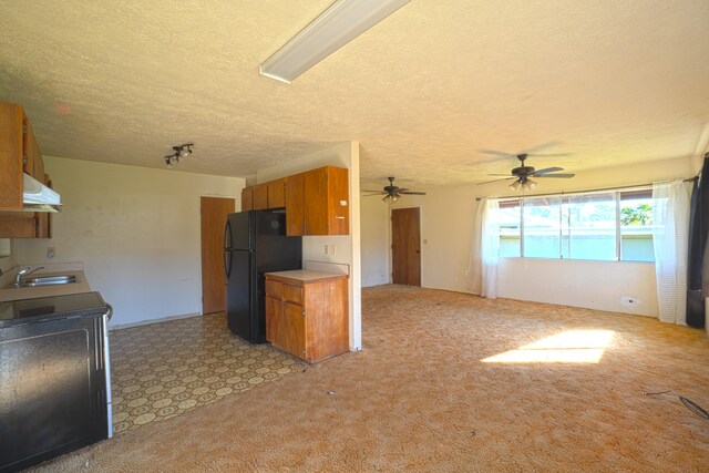 14-3435 Nanawale Blvd, Pahoa, HI 96778 - kitchen featuring freestanding refrigerator, extractor fan, a textured ceiling, range, and a sink