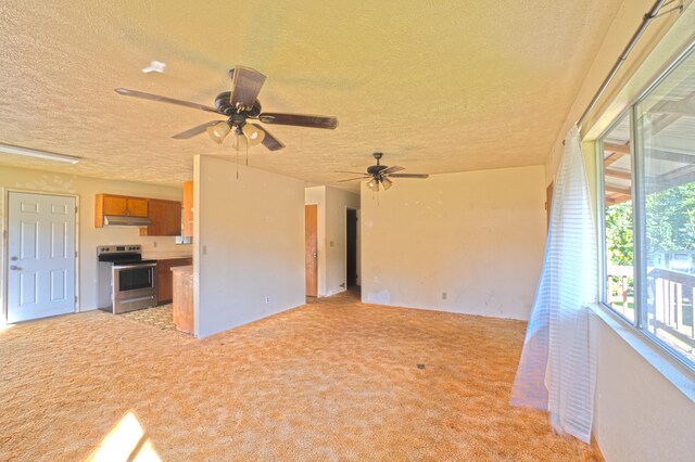 14-3435 Nanawale Blvd, Pahoa, HI 96778 - unfurnished living room with a textured ceiling, light carpet, and ceiling fan