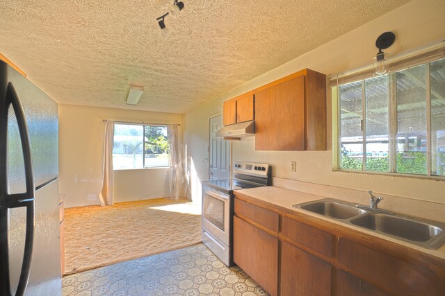 14-3435 Nanawale Blvd, Pahoa, HI 96778 - kitchen with stainless steel electric range, under cabinet range hood, freestanding refrigerator, a sink, and a textured ceiling
