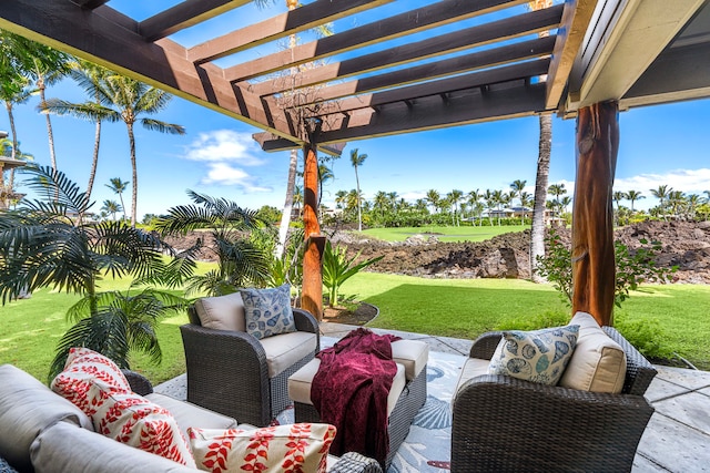68-1122 Na Ala Hele Rd Unit F1, Kamuela, HI 96743 - view of patio with an outdoor hangout area, a pergola, and view of golf course