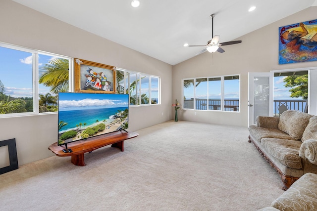 77-6451 Marlin Rd, Kailua-Kona, HI 96740 - carpeted living room featuring a ceiling fan, lofted ceiling, and recessed lighting