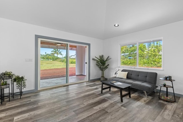 15-1505 14th Ave, Keaau, HI 96749 - living room featuring wood finished floors, plenty of natural light, vaulted ceiling, recessed lighting, and baseboards