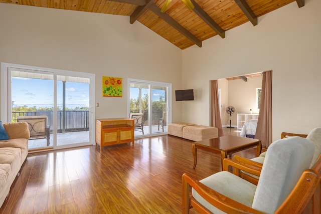 11-3064 Lehua St, Mountain View, HI 96771 - living room with high vaulted ceiling, wood finished floors, and wood ceiling with exposed beams