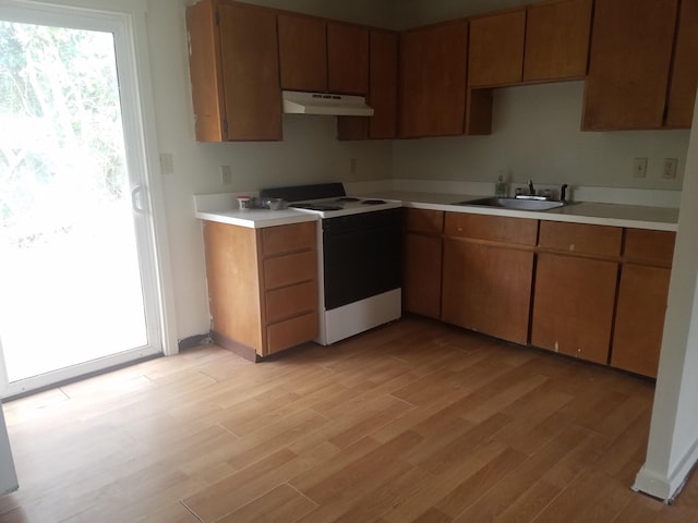 14-3405 Leisure Ln, Pahoa, HI 96778 - kitchen featuring range with electric cooktop, under cabinet range hood, light countertops, and light wood-type flooring