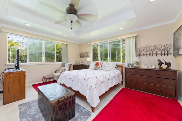 15-2059 10th Ave, Keaau, HI 96749 - bedroom with a raised ceiling, recessed lighting, crown molding, baseboards, and ceiling fan