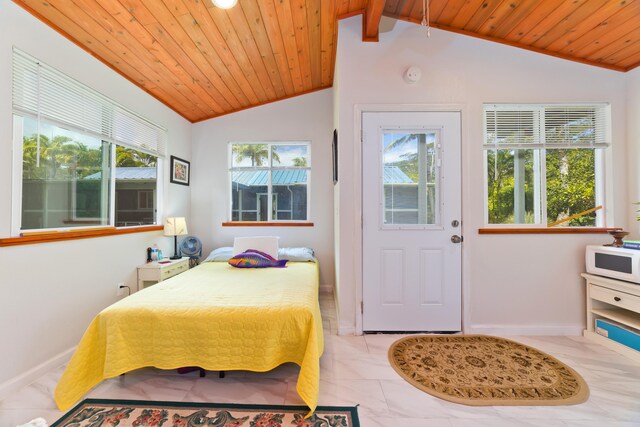 15-2059 10th Ave, Keaau, HI 96749 - bedroom featuring lofted ceiling, wood ceiling, baseboards, and light marble finish flooring