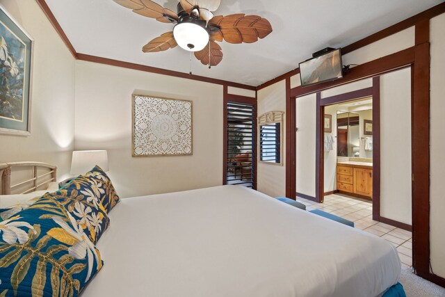 2253 Poipu Rd Unit 109, Koloa, HI 96756 - bedroom featuring ornamental molding, light tile patterned flooring, baseboards, and ceiling fan