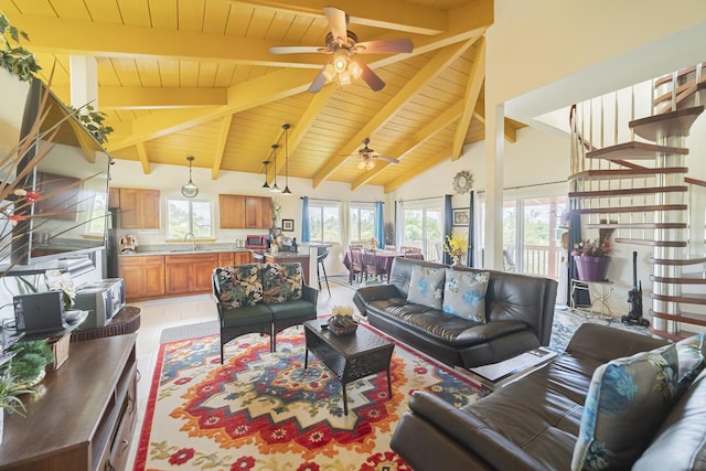 12-7059 Puulena St, Pahoa, HI 96778 - living area featuring wood ceiling with exposed beams, ceiling fan, stairs, and high vaulted ceiling