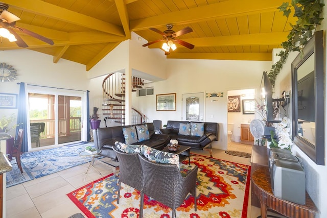12-7059 Puulena St, Pahoa, HI 96778 - living room featuring ceiling fan, stairway, wooden ceiling, and tile patterned flooring