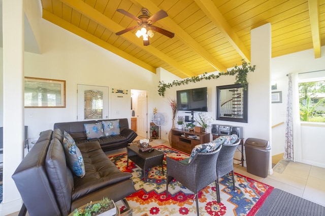 12-7059 Puulena St, Pahoa, HI 96778 - tiled living area featuring wood ceiling with exposed beams, a ceiling fan, and high vaulted ceiling