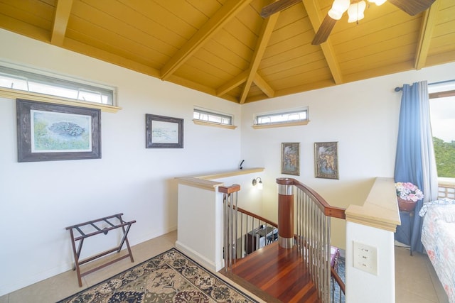 12-7059 Puulena St, Pahoa, HI 96778 - corridor featuring an upstairs landing, healthy amount of natural light, wooden ceiling, and baseboards