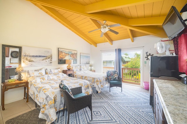 12-7059 Puulena St, Pahoa, HI 96778 - bedroom with wooden ceiling, access to outside, tile patterned floors, and fridge