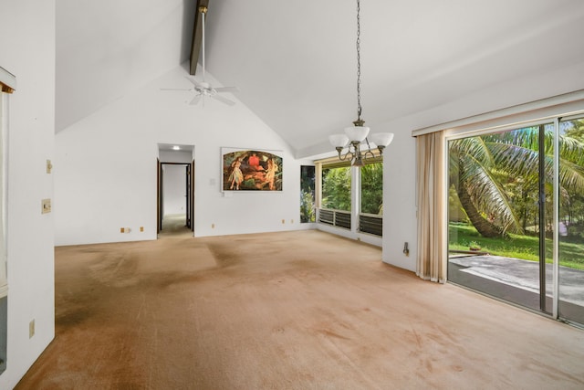 4833 Ou Pl, Princeville, HI 96722 - unfurnished living room featuring a chandelier, beamed ceiling, carpet flooring, healthy amount of natural light, and high vaulted ceiling
