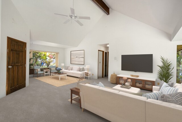4833 Ou Pl, Princeville, HI 96722 - living area featuring high vaulted ceiling, carpet floors, beam ceiling, and ceiling fan