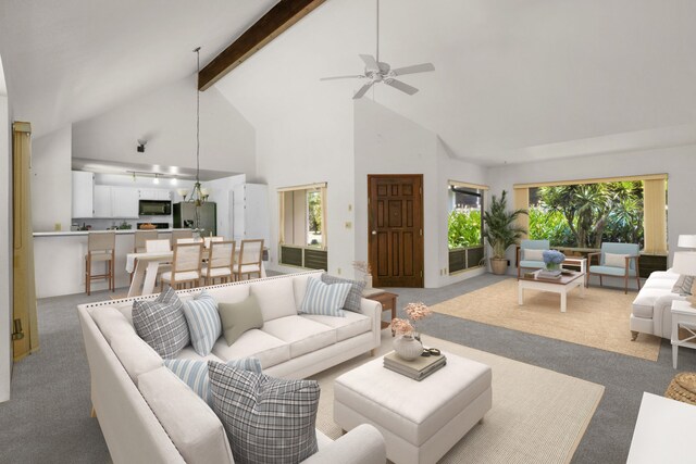 4833 Ou Pl, Princeville, HI 96722 - carpeted living area featuring high vaulted ceiling, beamed ceiling, and ceiling fan