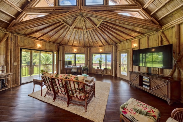 28-3033 Beach Rd, Pepeekeo, HI 96783 - living room with wood walls, high vaulted ceiling, wood ceiling with exposed beams, and hardwood / wood-style floors