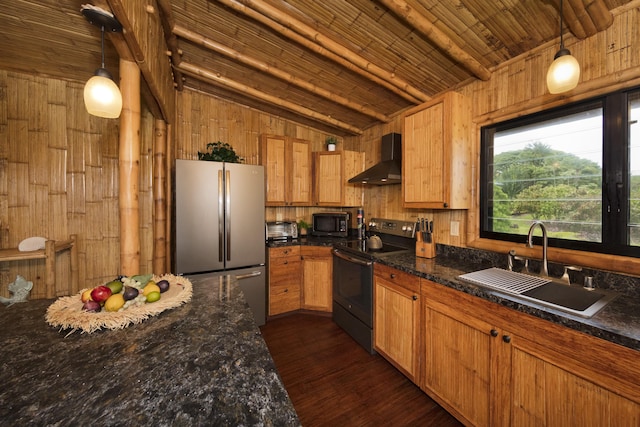 28-3033 Beach Rd, Pepeekeo, HI 96783 - kitchen with freestanding refrigerator, electric range, wall chimney range hood, black microwave, and a sink