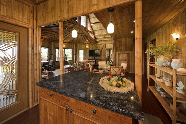 28-3033 Beach Rd, Pepeekeo, HI 96783 - kitchen with wood walls, dark wood-type flooring, hanging light fixtures, dark stone counters, and open floor plan