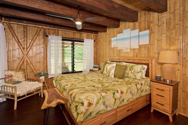 28-3033 Beach Rd, Pepeekeo, HI 96783 - bedroom with wooden walls, access to outside, dark wood-type flooring, and wood ceiling with exposed beams
