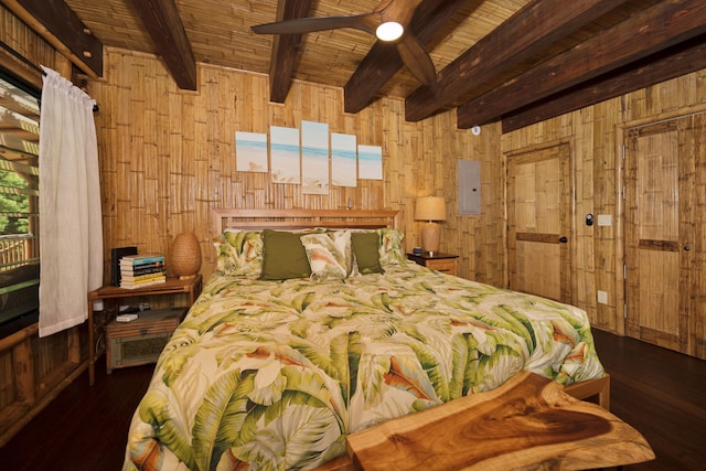 28-3033 Beach Rd, Pepeekeo, HI 96783 - bedroom with wooden walls, wood finished floors, wood ceiling with exposed beams, and electric panel