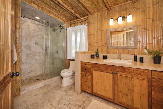 28-3033 Beach Rd, Pepeekeo, HI 96783 - bathroom with vanity, wood ceiling with exposed beams, toilet, a shower stall, and wooden walls