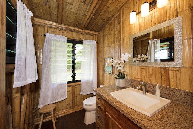 28-3033 Beach Rd, Pepeekeo, HI 96783 - bathroom featuring wood ceiling, wood walls, toilet, vanity, and wood finished floors