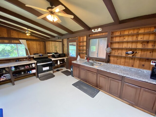 15-2773 Ono St, Pahoa, HI 96778 - kitchen featuring stainless steel gas range oven, a sink, a ceiling fan, wooden walls, and open shelves