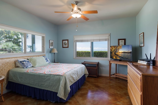 74-1026 Lawaia Rd, Holualoa, HI 96725 - bedroom featuring multiple windows, baseboards, ceiling fan, and finished concrete floors