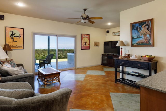74-1026 Lawaia Rd, Holualoa, HI 96725 - living area with a ceiling fan, recessed lighting, and baseboards