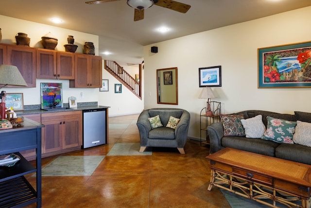 74-1026 Lawaia Rd, Holualoa, HI 96725 - living area featuring finished concrete flooring, ceiling fan, stairway, and recessed lighting
